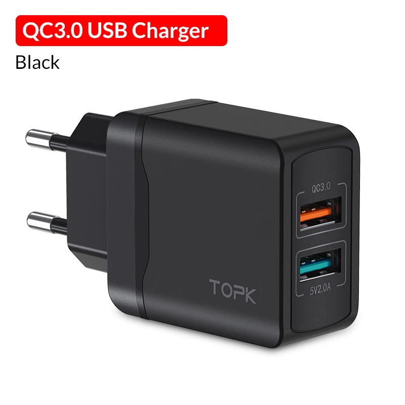 TOPK USB Charger Quick Charge 3.0 Fast Charger qc3.0 USB Wall Charger for iPhone xr Xiaomi Samsung Huawei Mobile Phone Charger - Тип штекера: EU Black 3A