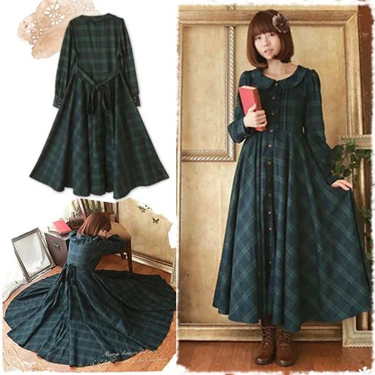 

Japanese Style Mori Girl Maxi Dress Classic British Plaid Deep Green Long Dress