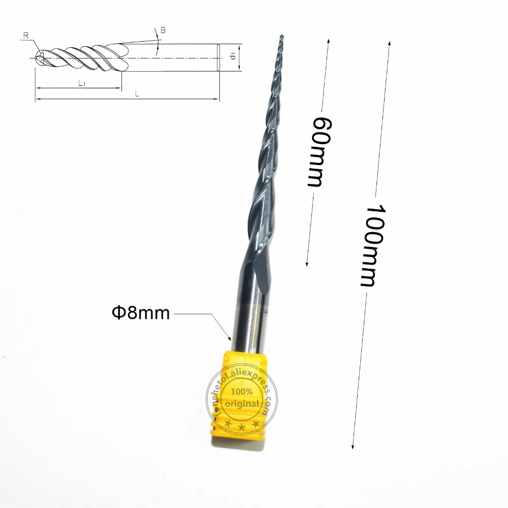 shipping-1PCS, HRC55 Вольфрам карбида 8 мм покрытие tialn со скошенным шариковым наконечником Концевая фреза, конический фрезерный резец, Концевая фреза для деревообработки