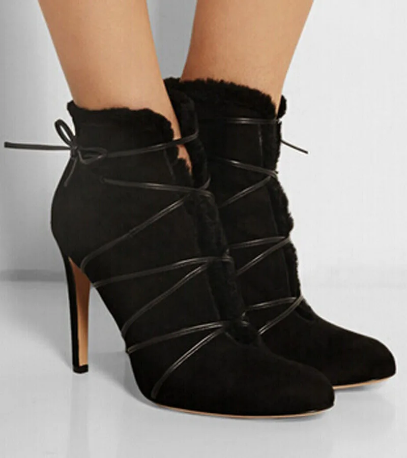 

New arrival women boots preto suede leather ankle boots pointed toe lace-up botas mujer sexy high heels women party shoes