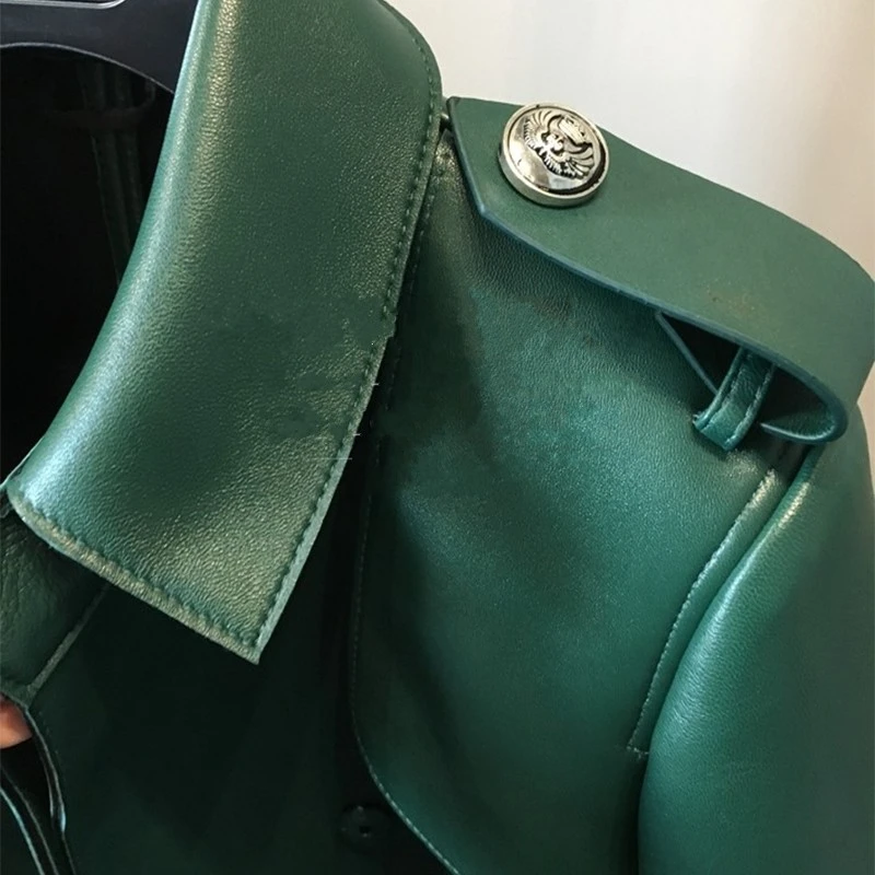Темно-зеленая Женская куртка из натуральной овчины уличный стиль классический двубортный приталенный длинный ветровка Подиум пальто