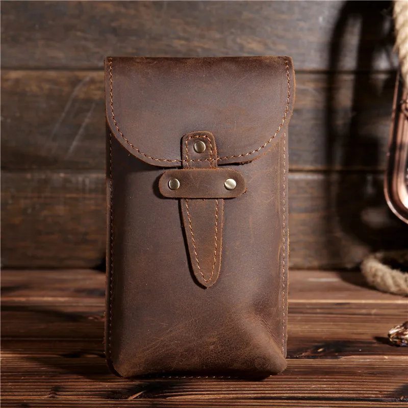 Men's Genuine Leather Fanny Waist Pack Small Mini Cell/Mobile Phone Pocket Male Money Bum Pouch Hook Vintage Bags