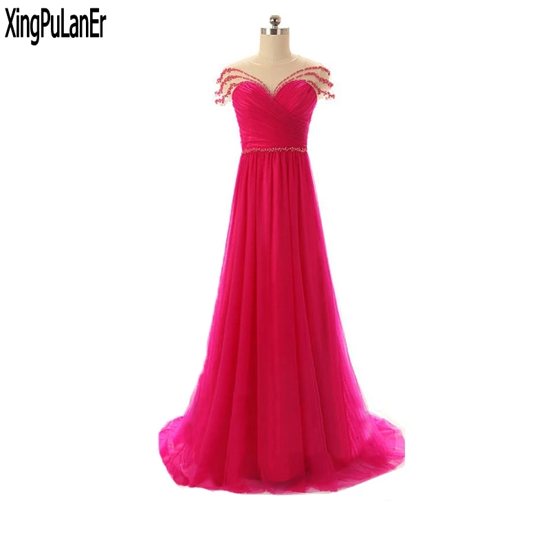 

A Line Scoop Neck Short Sleeve Cap Sleeve Beaded Pearls Red Tulle Real Sample Pictures Prom Dress For Special Occasion Dresses