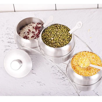 

3pc/set Bridge Stainless Steel Seasoning Pot Spice Salt Sugar Pepper Ajinomoto Jar Container with Lid and Spoon Kitchen Tool