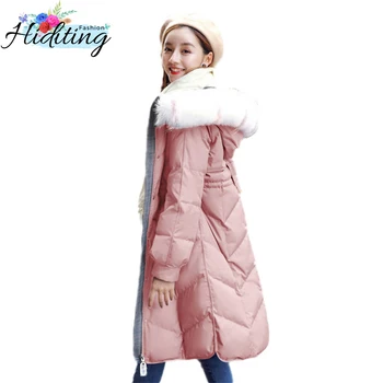 

Feather Down Jacket Women 2018 Winter New Slim Coats Medium long High quality Coat Fashion Large Fur Collar Down Outerwear WIN23