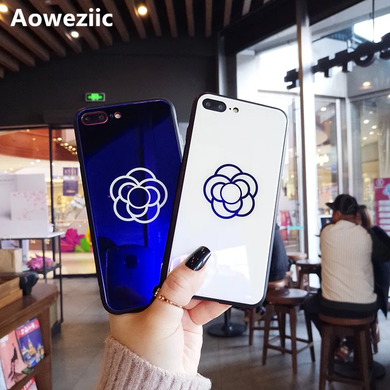

Aoweziic Camellia For iPhoneX XS mobile phone shell net red 7plus glass shell 6S full package soft border drop 8P lovers