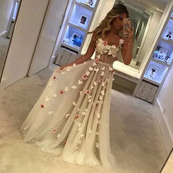 

D134 beige floor length fit and flare floral appliques sheer dress