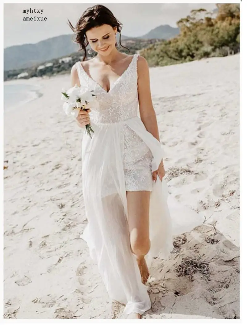 

Boho Wedding Dress 2019 Deep V Neck Slim Fit Sequin White Ivory Short Bride Dress Sexy Backless Beach Vestido De Noiva Imported