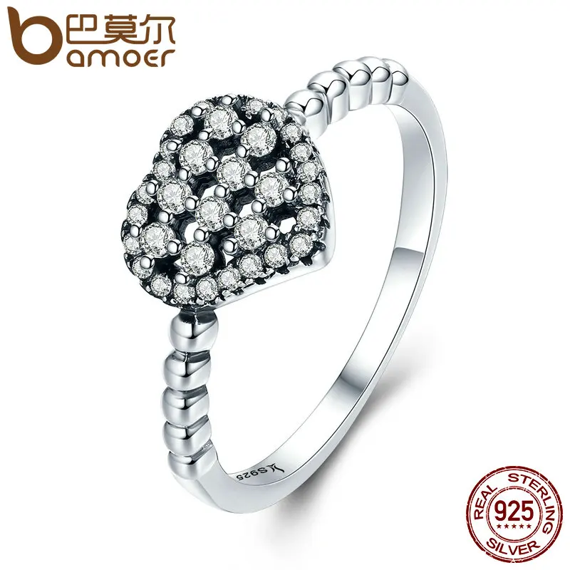 

BAMOER New Collection Genuine 925 Sterling Silver Openwork Heart ,AAA Zircon Finger Rings for Women Wedding Jewelry Gift SCR061