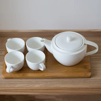 

Hot Sale White Coffee Tea Set Simple Design Ceramic with Four Cups One Pot and Wood Tray Home Decor Accessories for Living Room