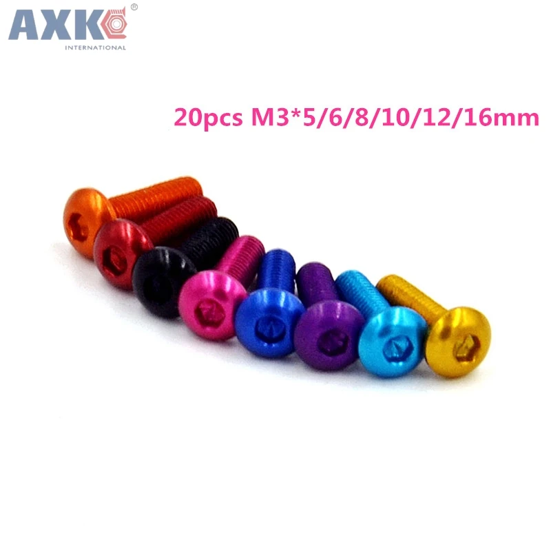 AXK 20pcs M3 Aluminum Alloy Hexagon Socket Button Head Screw Anodized