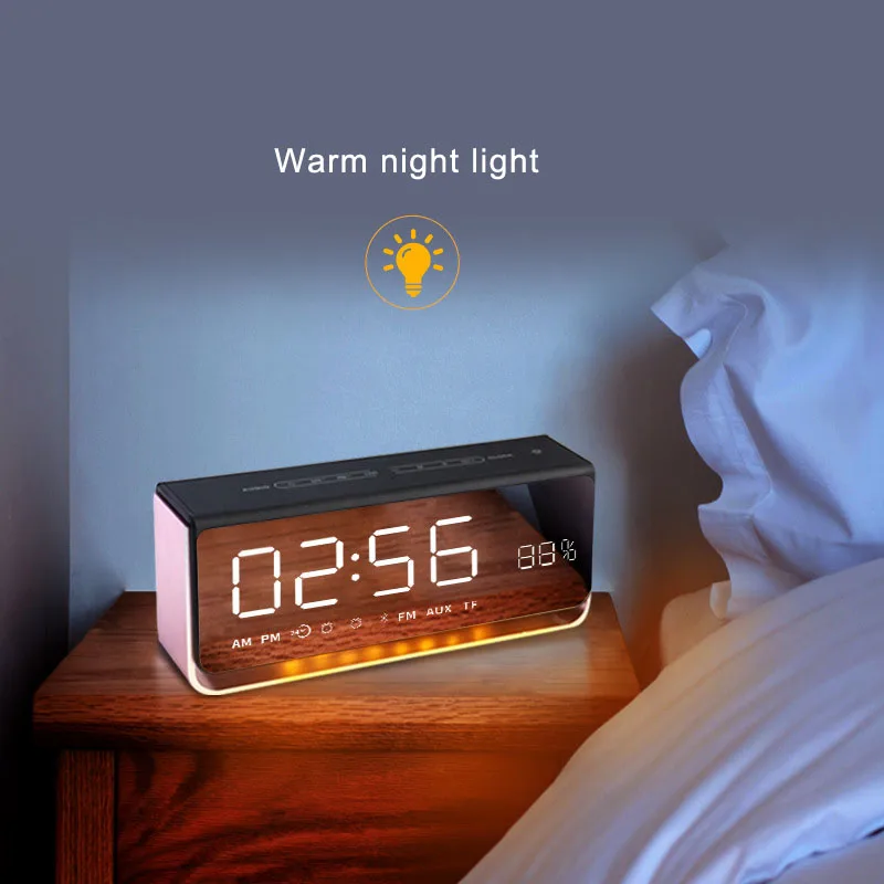 

Portable Bluetooth Wireless Speaker Support FM Card Mirror Alarm Clock Light Speaker @JH