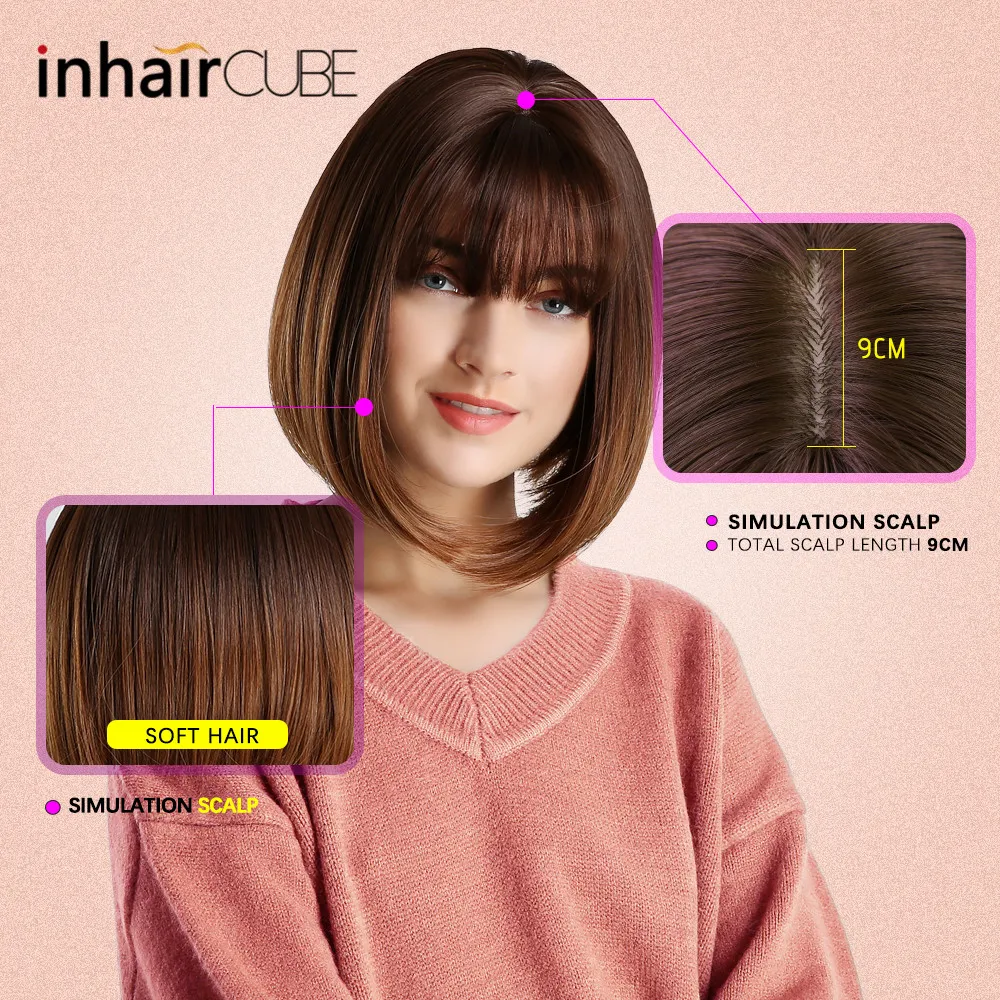 Peluca de pelo corto recto para mujer con flequillo plano sintético de 10 pulgadas Peluca de pelo corto recto para mujer con flequillo plano sintético de 10 pulgadas