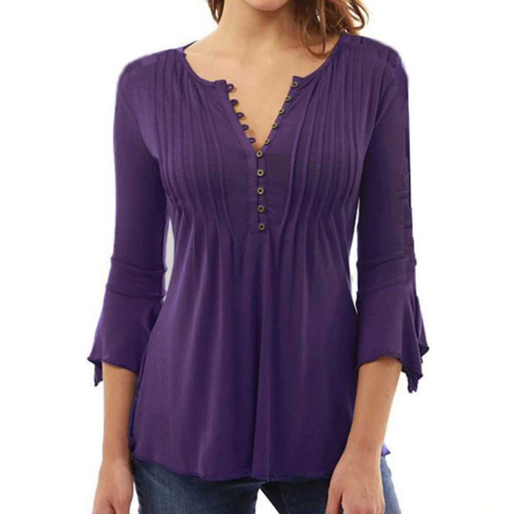 Women Blouse Autumn Casual Tops Femme Solid Pleated Seven-quarter Sleeve Clothing For Ladies 2019 A