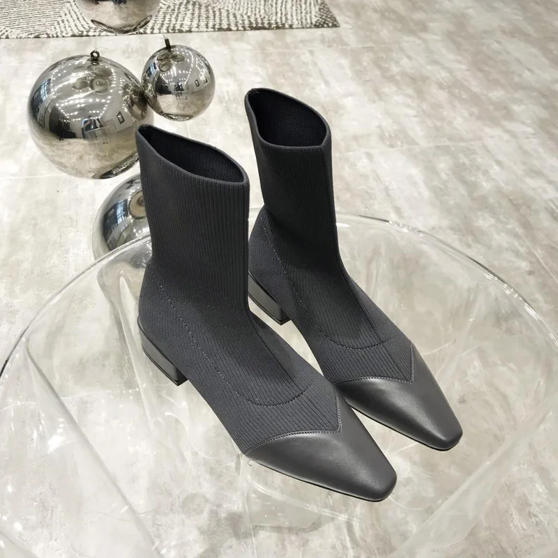 MONMOIRA/растягивающиеся вязаные сапоги-носки в стиле пэчворк; женские винтажные ботильоны с квадратным носком; теплая зимняя женская обувь; SWE0575 - Цвет: gray