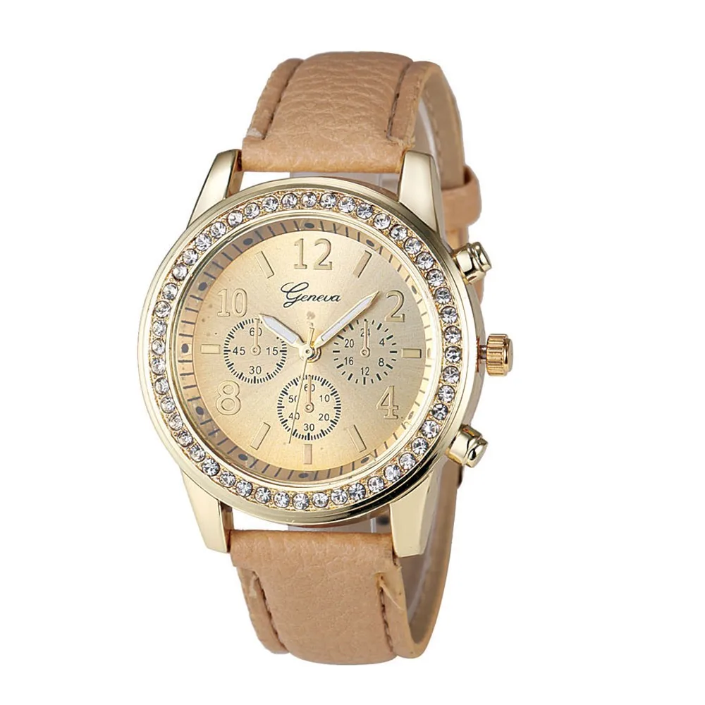 women's watches geneva Fashion Women Leather Band Stainless Steel Case