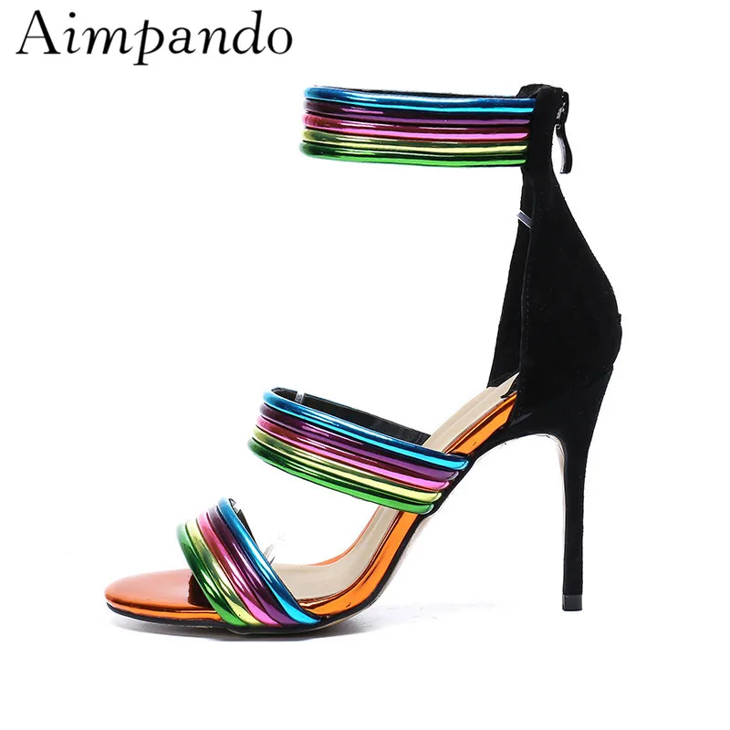 

Colorful Rainbow Narrow Band Sandals Women 2019 New Summer Thin High Heels Open Toe Stage Shoes Sandalias De Mujer