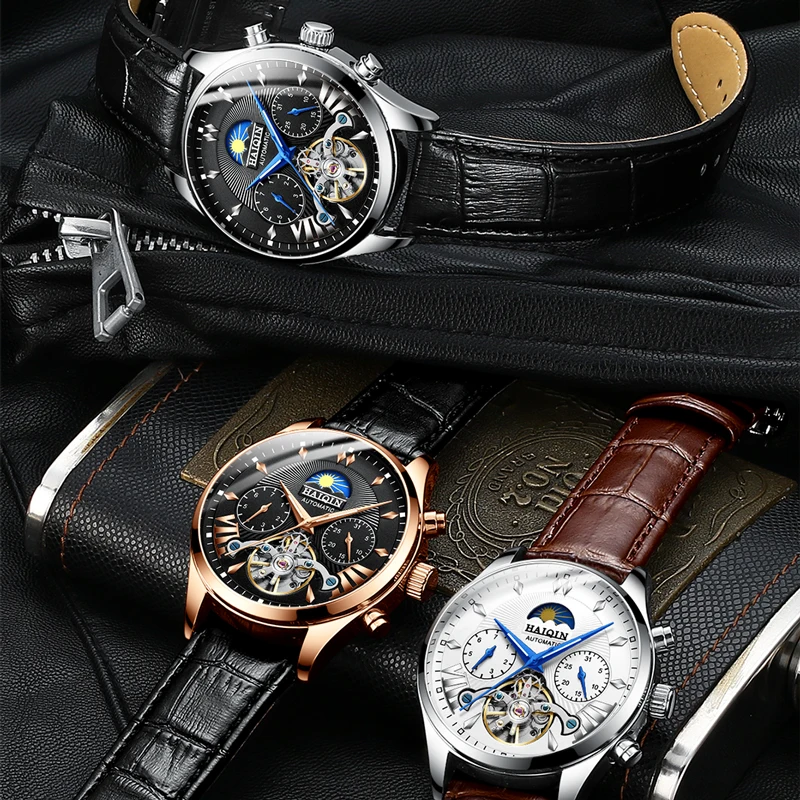 HAIQIN нарядные мужские часы Роскошные автоматические механические брендовые деловые часы мужские кожаные спортивные водонепроницаемые мужские наручные часы Relogio