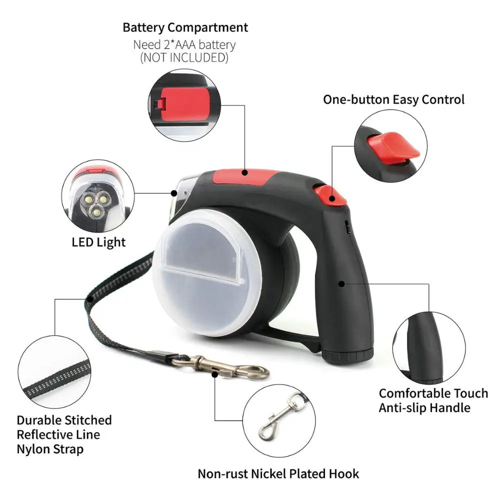 Поводок для домашних животных, 5 метров, светодиодный, с коробкой для мусора, кормушка для собак, поводок для собак, автоматическое расширение, поводок для домашних животных PL051