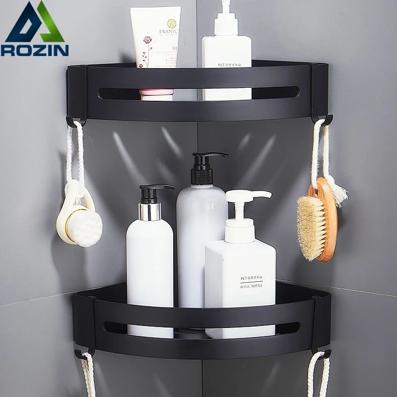 Hot Black Aluminium Hanging Holder Bath Shower Corner Storage Shelf Rack Basket 