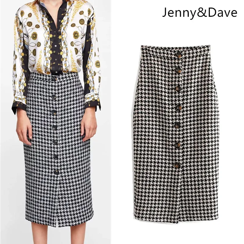 Beste Jenny amp; Dave 2018 BTS rok vrouwen engeland stijl single breasted houndstooth straight natuurlijke midi rokken vrouwen plus size 0828