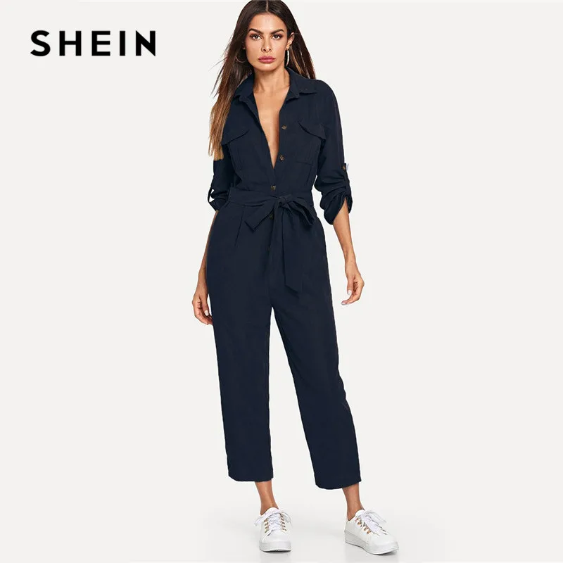 

SHEIN Roll Tab Sleeve Button Front Self Belted Jumpsuit Long Sleeve Women Spring Highstreet Casual Maxi Pants Jumpsuit