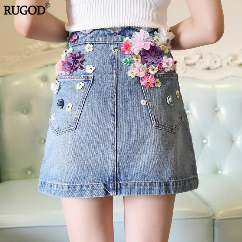 RUGOD Handmade Sequins 3D Floral Embroidery Jeans Skirt 2019 Women Fashion Wave Fringe Waist High Elastic Mini Saias Femme | Женская