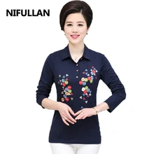 Nifullan новые хлопковые футболки Для женщин мода осень плюс Размеры мать Костюмы с лацканами Повседневное Тонкий Вышивка Топы Основные пуловер