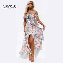 2019 New Summer Beach Dress Fashion Women Printing Off-the-shoulder Tube Top Slit Asymmetrical Dress printing off the shoulder flounce dress
