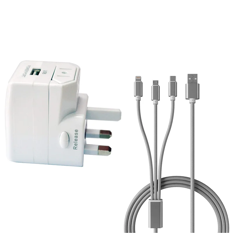 Universal Travel Adapter USB Wall Charger Power Plug EU UK US AU + 3 in 1 Phone Charging Cable For iPad Samsung Tablet - Цена: 