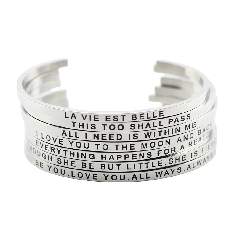 

2017 Hot 316L Stainless Steel Engraved Positive Inspirational Quote Cuff bracelet Mantra Bracelet Bangle for women