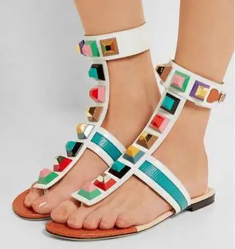 

2018 Hot Multicolor Studded Ankle-Wrap Sandal Summer Clip Toe Women Fashion Flat Sandals Ankle Buckles Ladies Sexy Dress Shoes