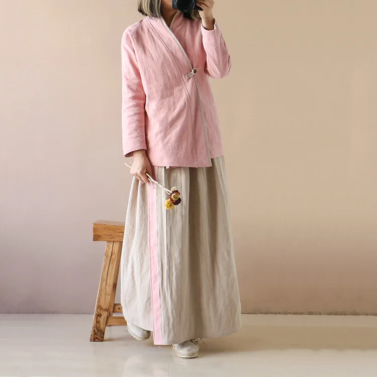 Хлопковая льняная Женская приталенная куртка в китайском стиле, свободная Однотонная рубашка с длинными рукавами, топы, чайный костюм Hanfu, улучшенный