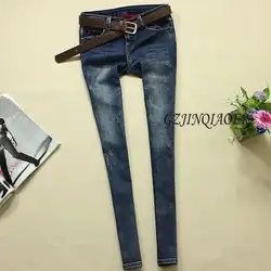 2019 весенние винтажные джинсы с низкой талией эластичные женские потертые синие джинсы узкие джинсы классические узкие брюки