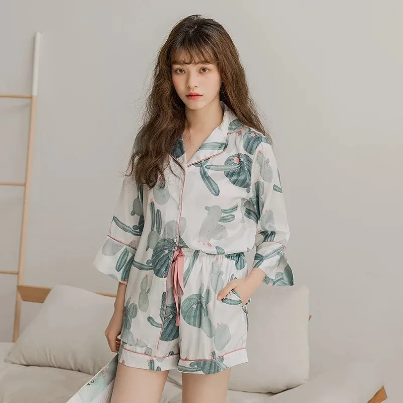 

Ins Hot Summer Silk Womens Pajamas Nightly Sexy Lingerie Sleep Top Pijamas Home Suit Sweet Cactus Full Printing Ladies Pyjamas