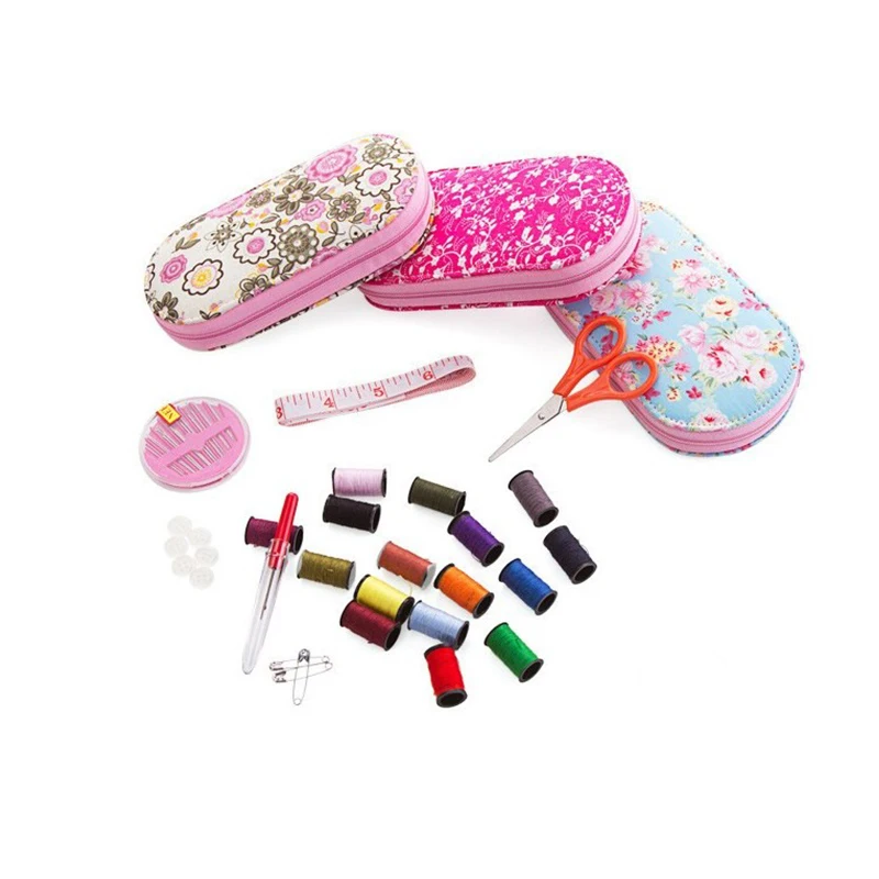 Portable mini travel sewing kits box with color needle threads pin scissor sewing set with case box home tools DIY handwork tool