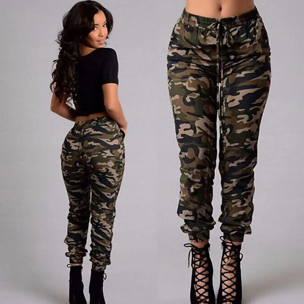 New Ladies Women's Camo Cargo Trousers Casual High Waist Pants Military ...