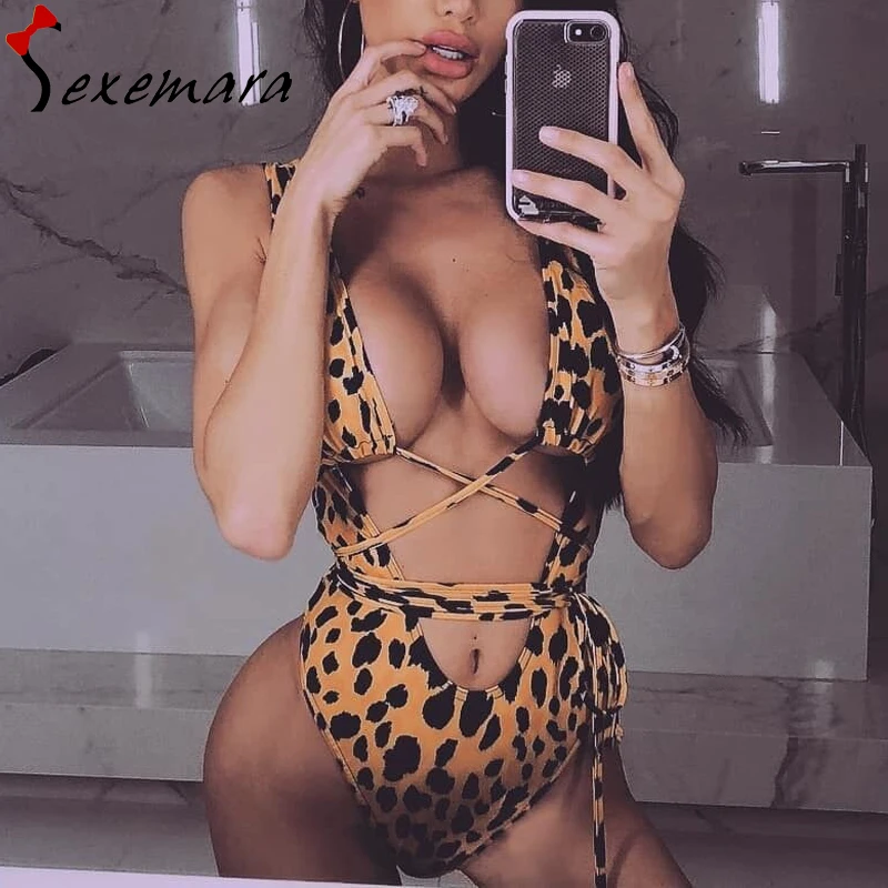 

leopard one piece swimsuit sexy backless bandage swimwear high leg swimming bathing suit for girls monokini 2019 trikini badpak