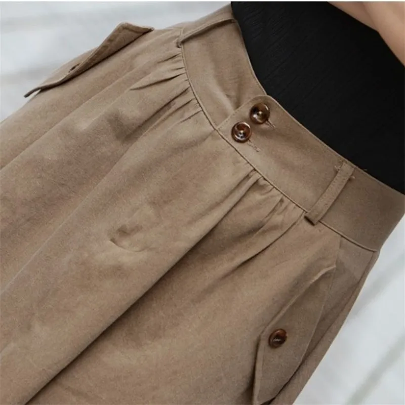 Spring Summer Vintage Bust Skirt Girls Student All Match Brief High Waist Knee-Length Pockets A-Line Pleated Skirt Women Casual Skirts
