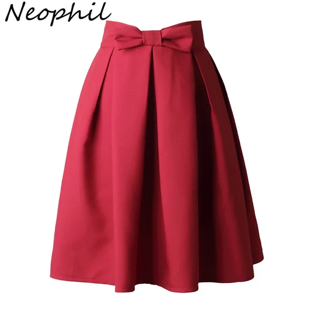 US $12.41 Neophi 2020 Causual Bow Pleated Women Skater Skirts Knee Length SummerHigh Waist Ladies Solid Black