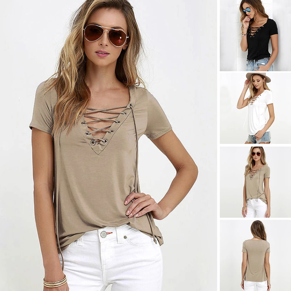 

2019 Plus Size Feminina Summer Women T-shirt 2018 Sexy Deep V Neck Bandage Tee Shirts White Tops T-Shirt