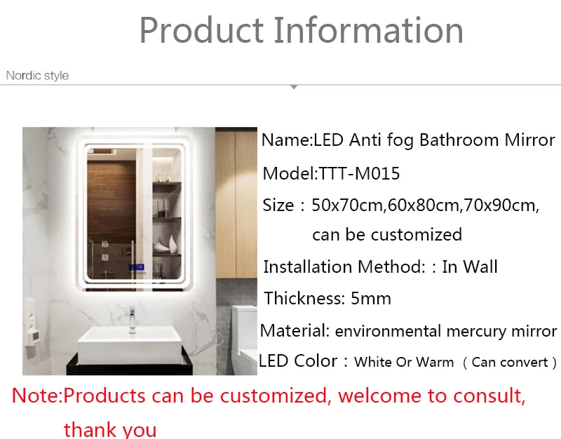 Умное зеркало для ванной, анти-туман, светодиодный светильник, настенное туалетное косметическое зеркало с Bluetooth