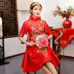 Винтаж красный свадебный вышивка Cheongsam современный Традиционный китайский стиль свадебное платье Oriental женские Qipao Vestidos размеры S-3XL