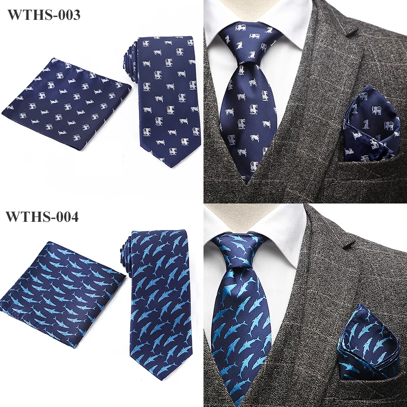 Tailor Smith Necktie and Hankerchief Set Dot Animal Wolf Shark Floral Tie Set 7.5CM Microfiber Woven Suit Tie with Pocket Square