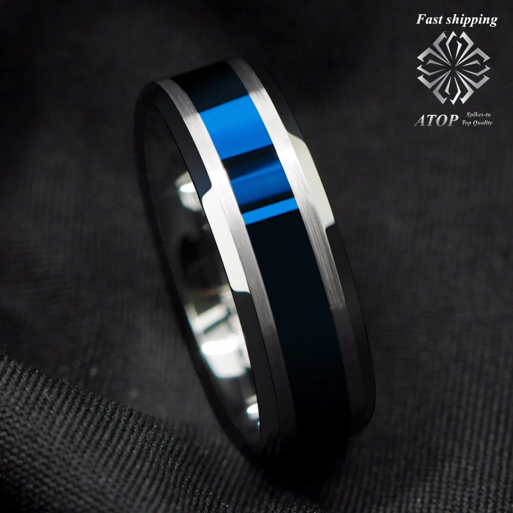 8MM Men's Jewelry Tungsten Carbide Rings Blue Center silver Brushed Edge Rings Free Shipping
