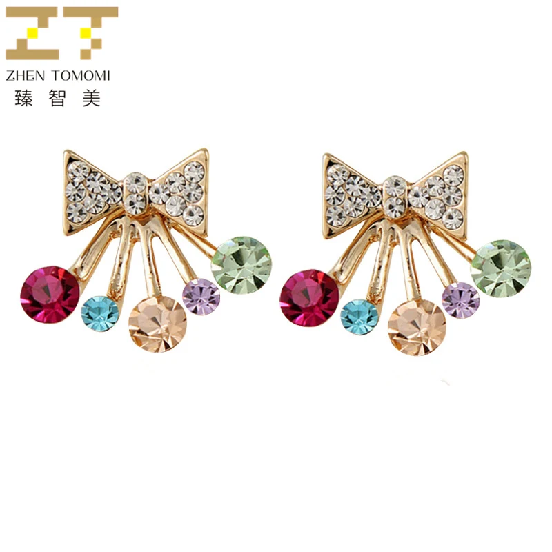

2019 Hot Fashion Hypoallergenic Ear Needle Bowknot Post-hanging Women's Front & Back Color Crystal Stud Earrings Women Jewelry