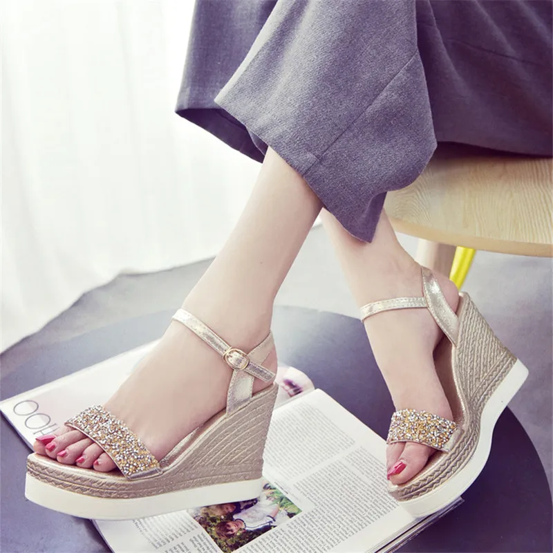 

2019 High Heels Sandals Women Shinning Glitter Silver Gold Platform Wedges Summer Ladies Open Toe Casual Shoes Pumps Hot 23