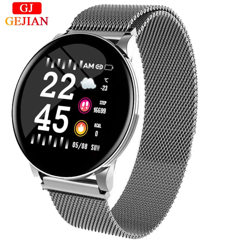 GEJIAN Mens Smart Watch IP67 Waterproof Heart Rate Monitoring Fitness Bracelet Sport Smartwatches For IOS Xiaomi Android - Цвет: Net belt silver