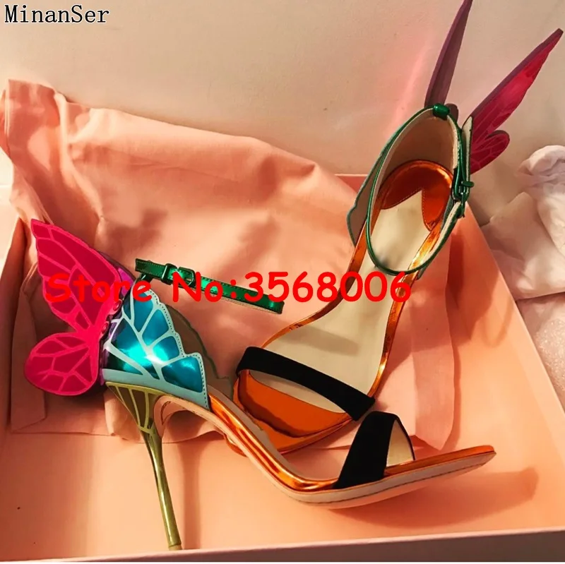 Wholesale amazing multi-color 3D butterfly open toe thin heels sandals wedding party bridal shoes sexy ankle wrap stiletto heels