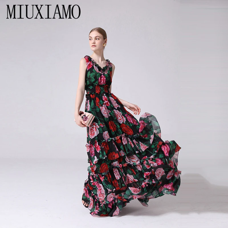

MIUXIMAO Custom Plus Size Maxi Dress 2019 Spring&Summer New Arrival Fashion Flower Print Elegant Floor-Length Long Dress Women
